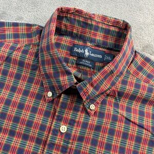 Ralph Lauren Blake Red Blue Plaid Button Down Shirt Men's XL Short Sleeve Cotton